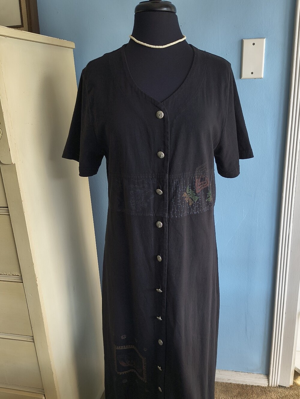 🌵 Vtg. Blue Cactus 100% Cotton Boho Maxi Dress